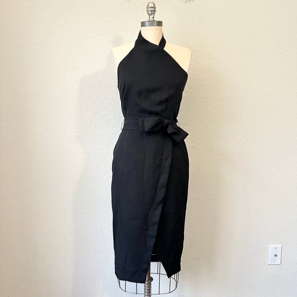 MODERN CITIZEN Dress Black Halter Belted Tie Waist Sheath Cocktail